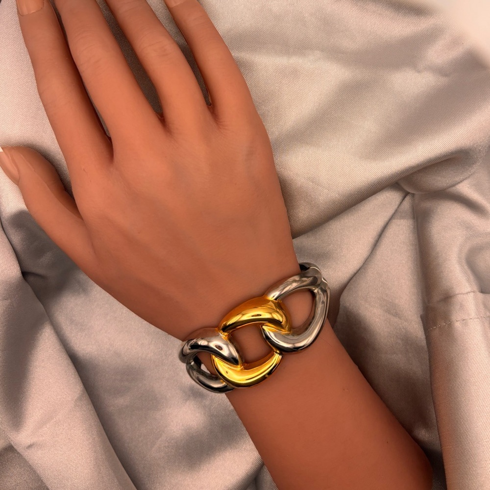 Bold Two-Tone Link Hinge Cuff Bangle Bracelet - Picture 4 of 12